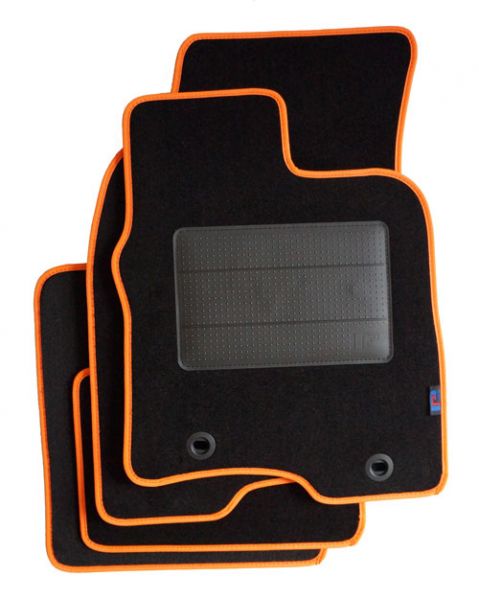 Luxury Black Car Mats with Orange Trim and PVC Heelpad